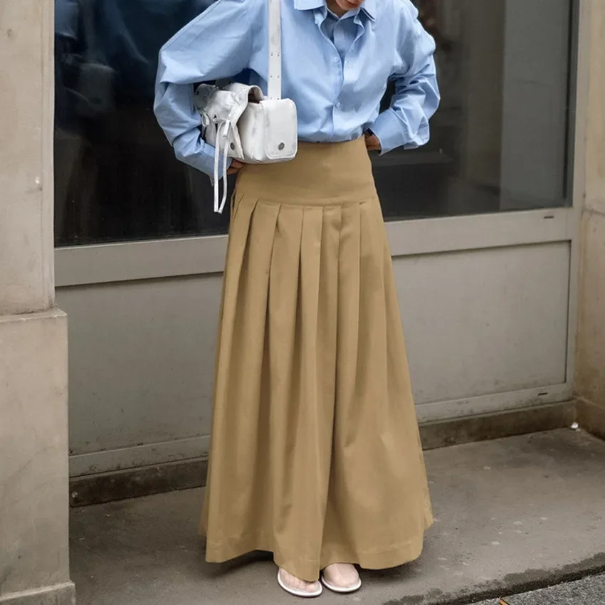 Saia plissada feminina primavera retro francês indústria pesada cáqui plissado em forma de saia média e longa