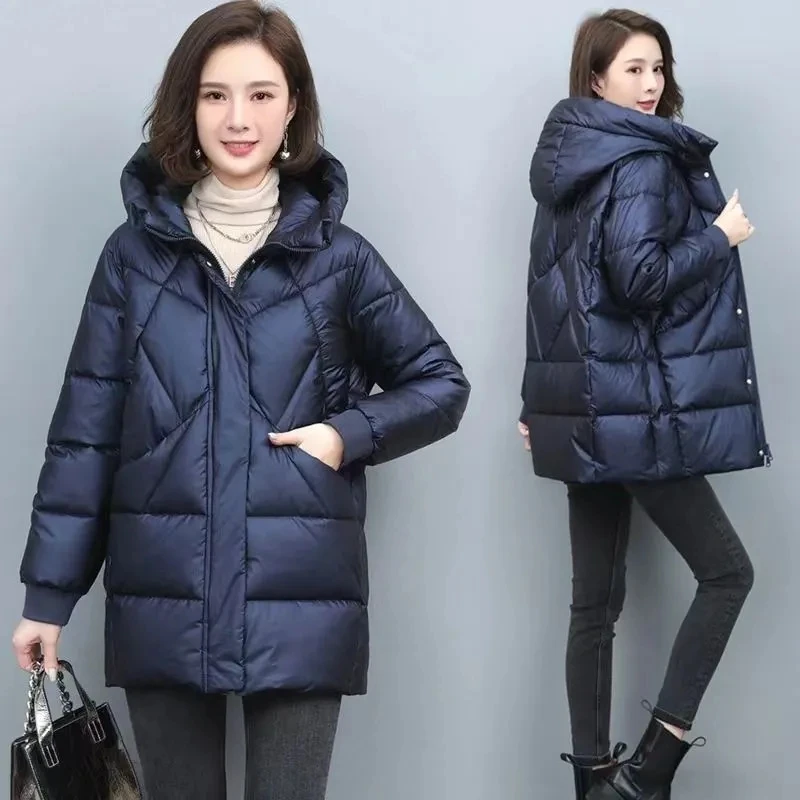 Jaqueta de inverno de comprimento médio feminina, casaco de algodão com capuz, Parkas elegantes, jaqueta acolchoada, grossa, outwear vintage, 2025