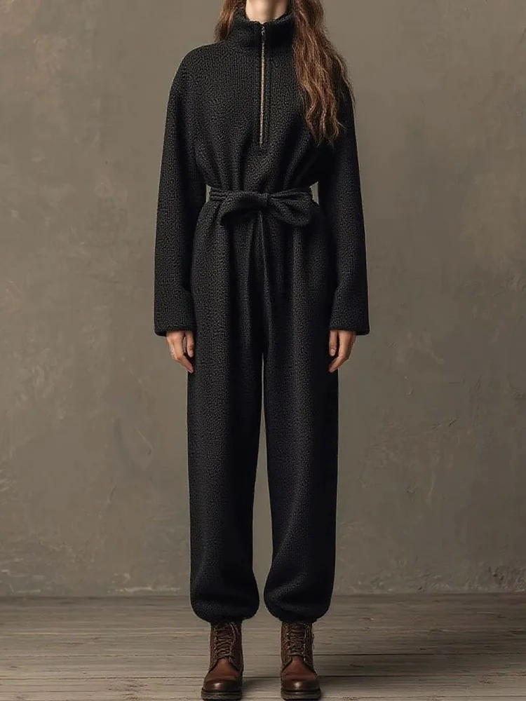 Women Fashion Loose Solid Color Jumpsuit Fall Winter Casual Long Sleeve Pockets Romper Elegant Hight Waist Stand Collar Playsuit
