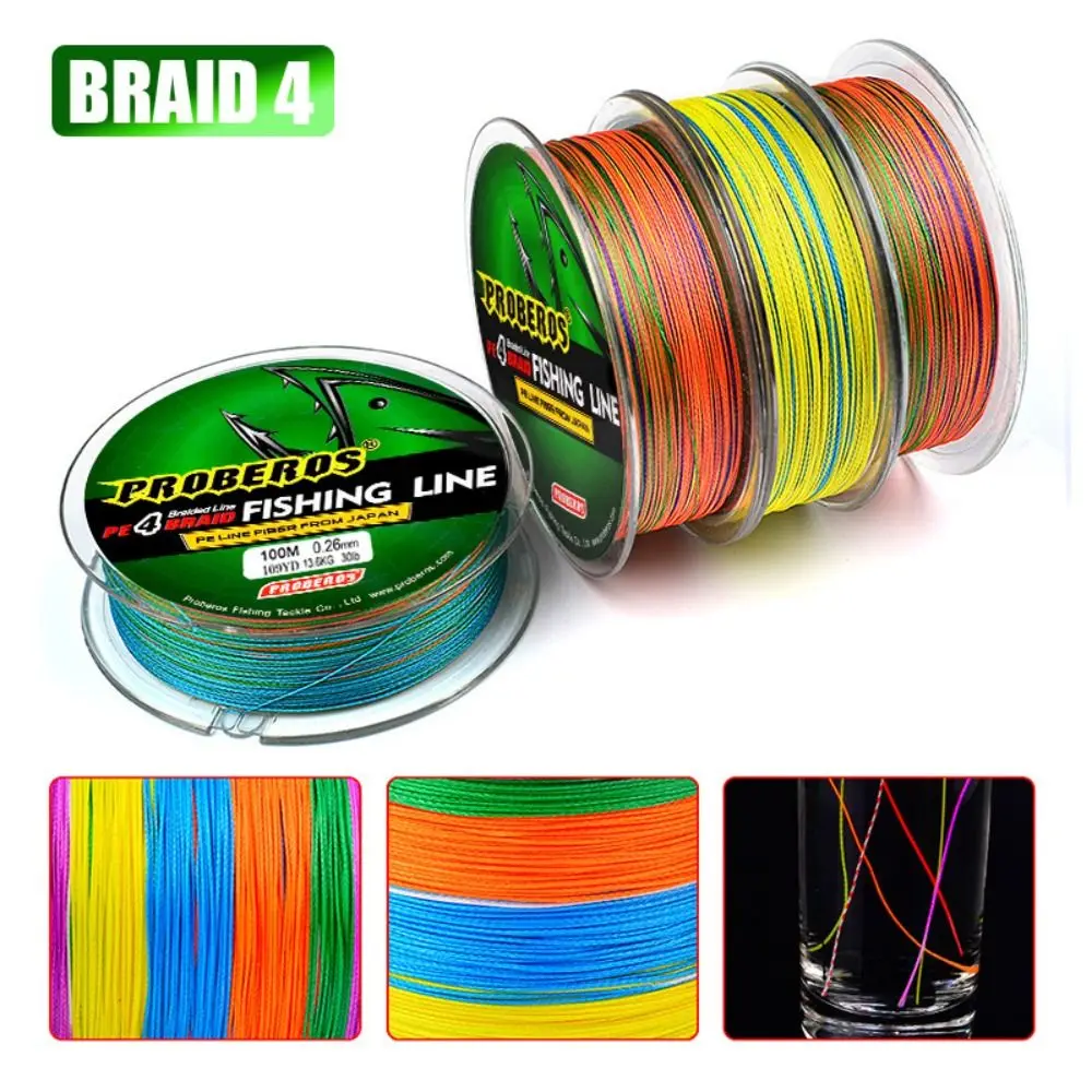 Neuer Stil, 4 Ständer, PE-geflochtene Angelschnur, Angeln, Angeln, Monofilament, bunt, 100 m, elastische Fadenspule, hohe Zugfestigkeit