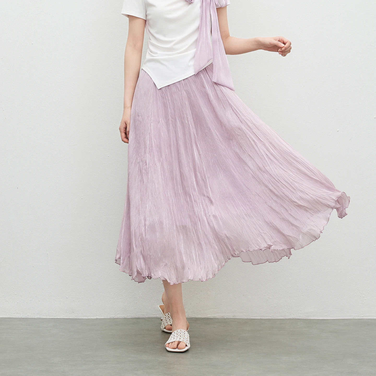 SENTUBILA Elegant Shiny Pleated Textured Skirt Women Summer Purple Elastic Waist Irregular Hem Casual A-Line Skirt 162QB7544
