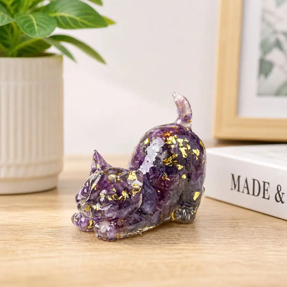 Gifts Curled Tail Crystal Cat Figurine Gold Foil Accents Handcrafted Style Cat Statue Cat Ornament Table Decor