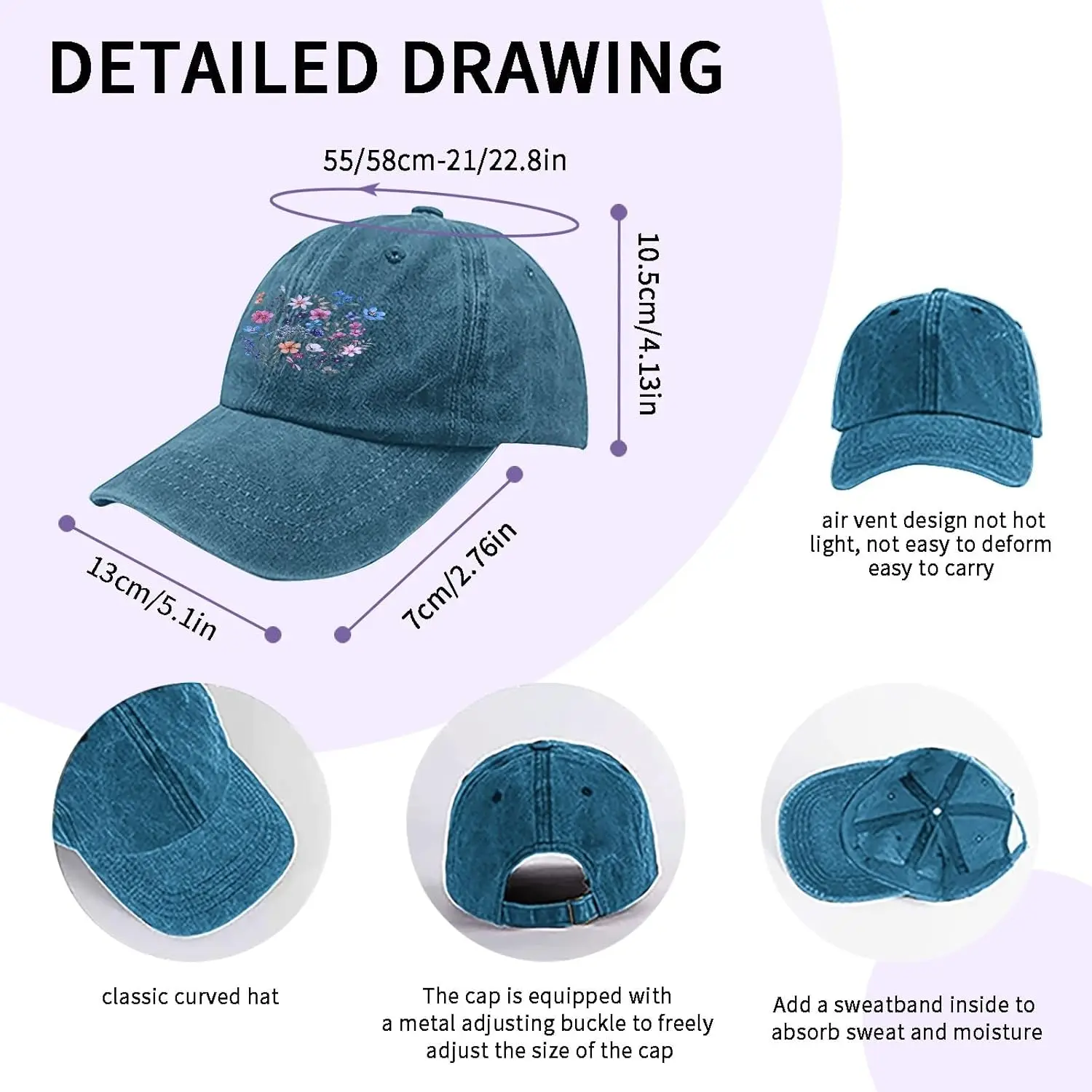 Wildflower Floral Flowers Hat for Women Funny Washed Distressed Baseball Cap