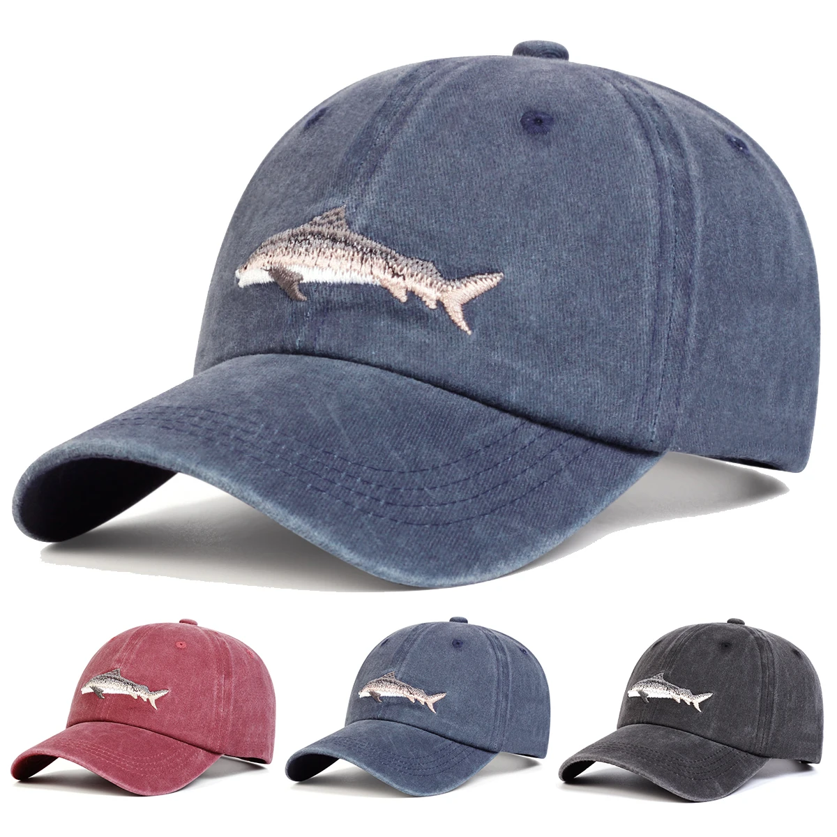 Unisex Shark Embroidery Wash Baseball Caps Spring and Autumn Outdoor Adjustable Casual Hats Sunscreen Hat