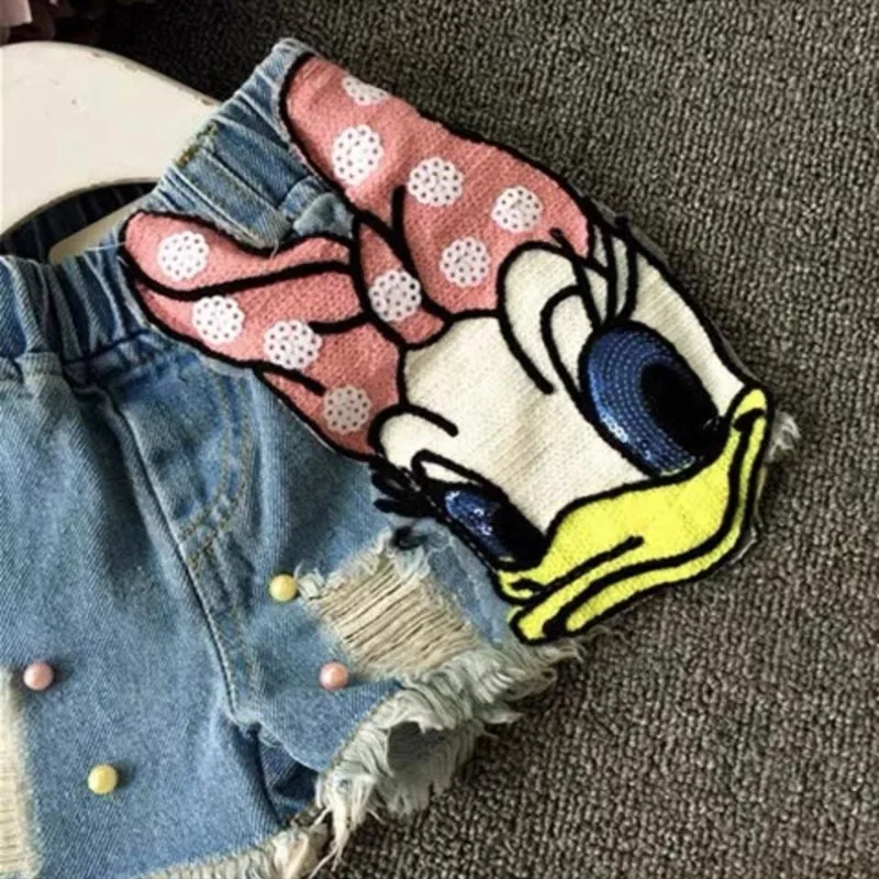 New Summer Teenager Shorts for Girls Cute Cartoon Daisy Denim Girls Kawaii Pearl Jean Shorts Pants Plus Size H7752