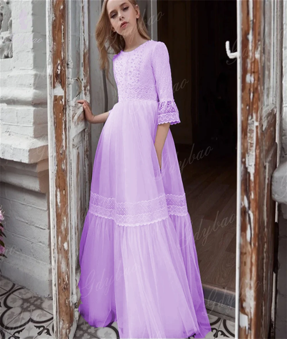 

Flower Girl Dress A -LINE High Waist Long Tulle Half Sleeve Wedding Dream Holy Communion Young Girl Birthday Party Dress