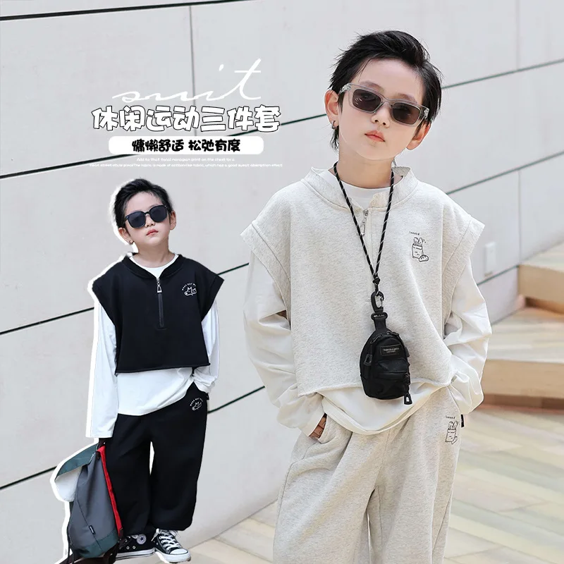 

Children Clothing Kids Casual Set Autumn New Korean Style 2024 Sportswear Long-sleeved Trousers Boy Simple Three Piece Suit