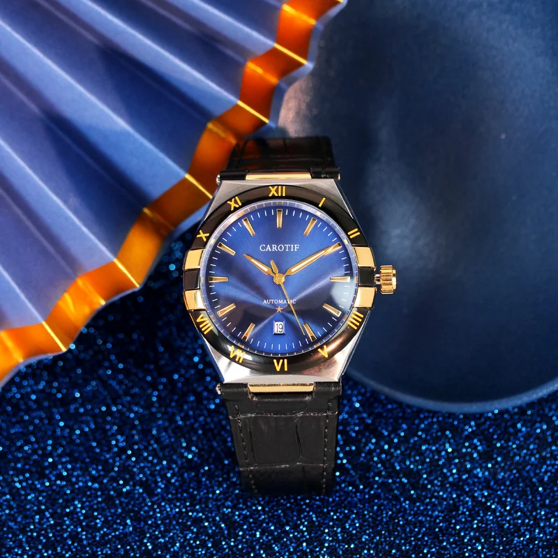 

Мужские часы с черно-синим кожаным ремнем в простом стиле, персонализированным циферблатом зодиака и полностью автоматическим механическим механизмом.