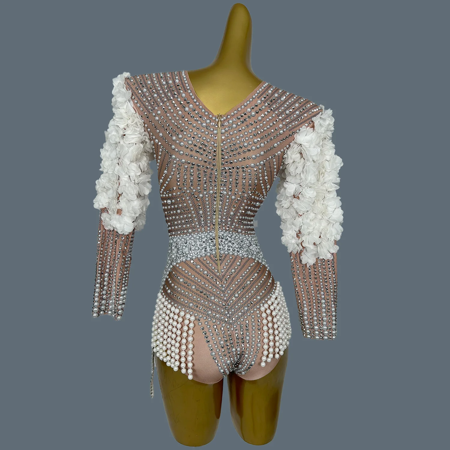 Women White Flower Pearl Bodysuit Beading Leotard Stage Performance Clothes Dancer Birthday Evening Party Costume Baihuaxiu
