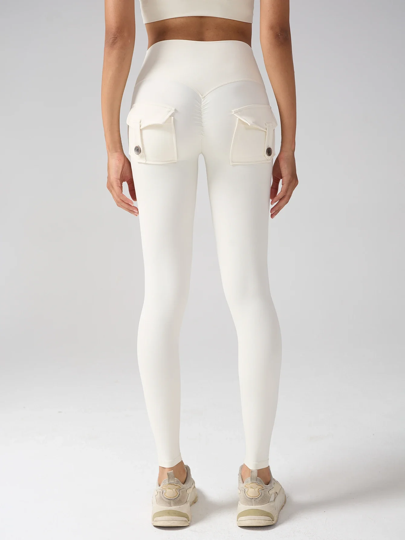 Damen High-Waist Tummy-Control Cargo Yoga Leggings aus Spandex, einfarbige Gym-Tights, Sport-Laufhose mit Taschen