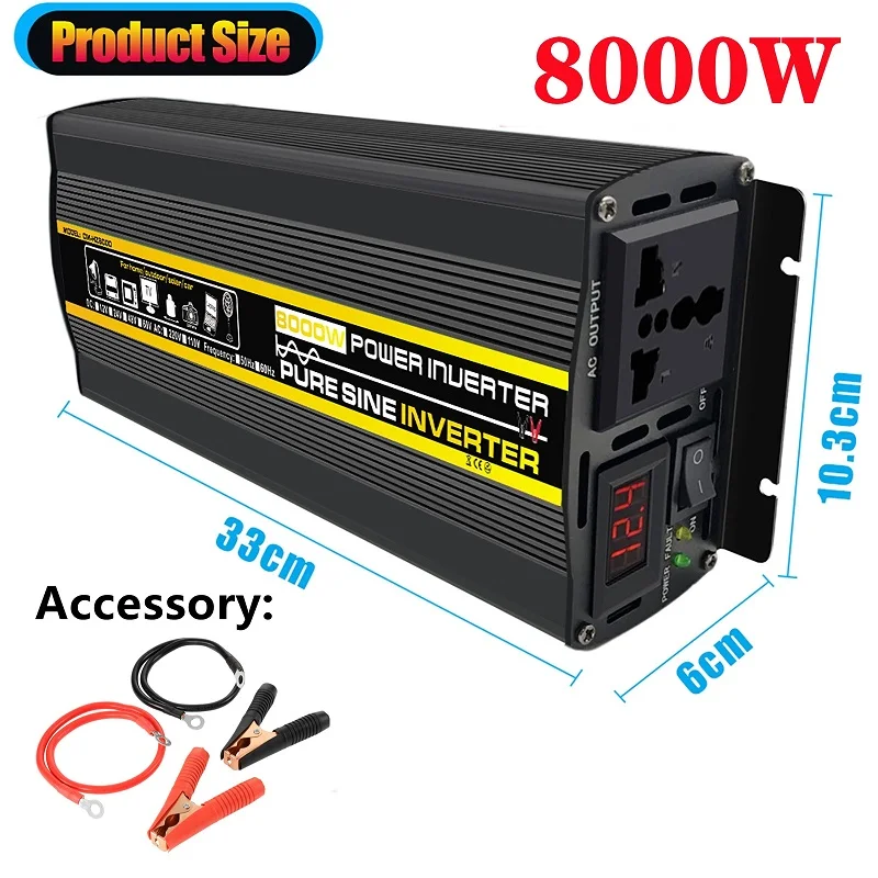8000WPure Sine Wave Power Inverter DC 12v 24v 48vTo AC 220V For Solar Panel/Home/Outdoor/RV/Camping Wave Power Inverter with LED