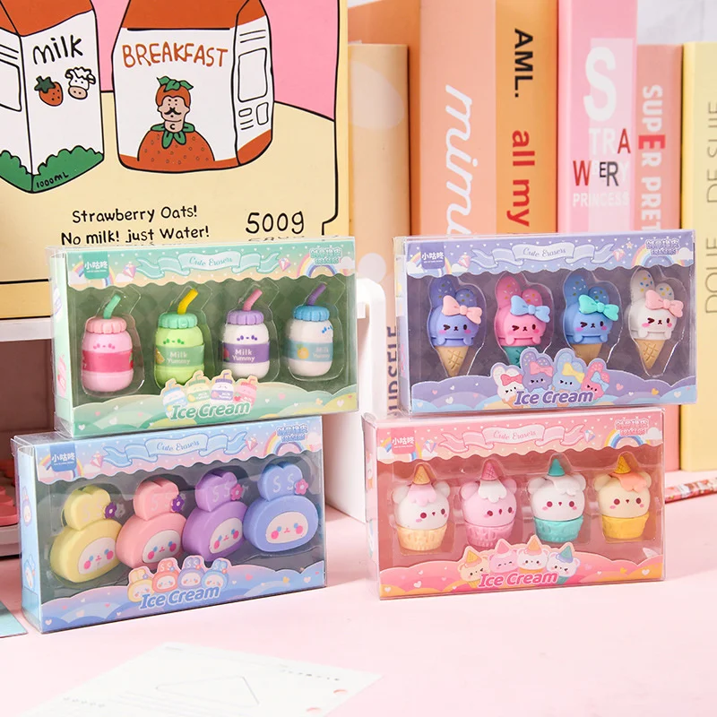 

12 box/lot Kawaii Ice Cream Rabbit Unicorn Pencil Eraser Set Cute Writing Drawing Rubber Erasers Stationery Gifts School Supply