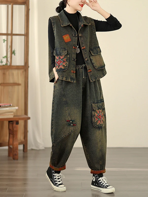 

Autumnal Embroidered Vintage Button Denim New Chinese Sle oulder Pad Vest Waed Patchwork Harlan Denim Pants Two-Piece Set