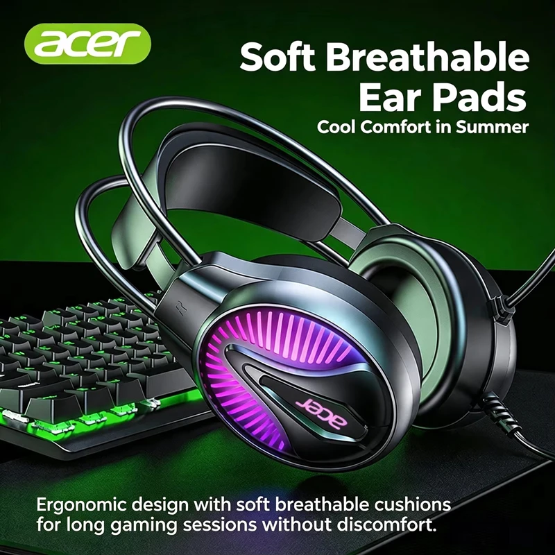 Acer OHW201 Cuffie Gaming con Illuminazione RGB, USB, Cablate, Over-Ear, Leggere, Audio Nitido, Microfono ad Alte Prestazioni, Comode per il Gaming