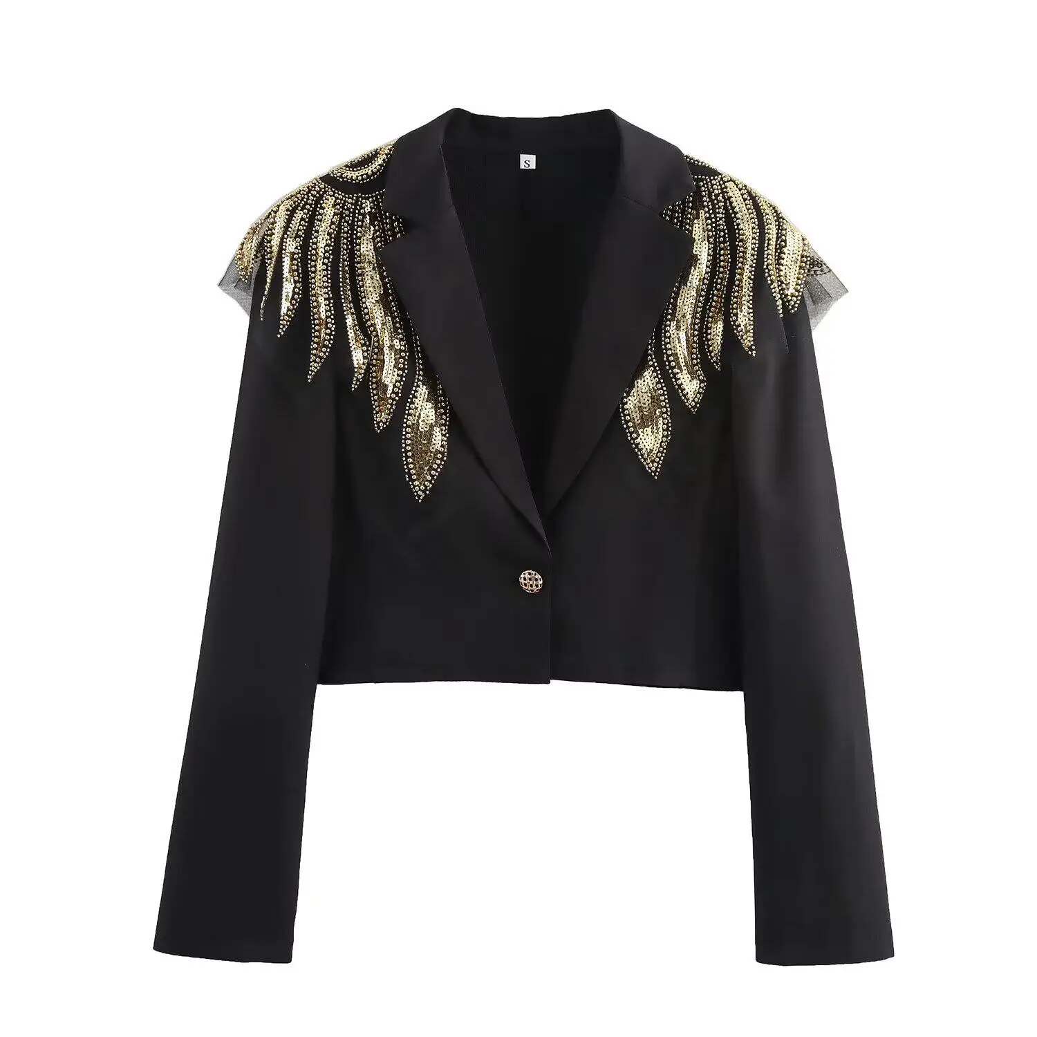 

Beading Wing Decor Women' Suit Jacket 2026 Autumn Long Sleeve Black Notched Coats Casual Slim Streetwear One Button Crop Tops