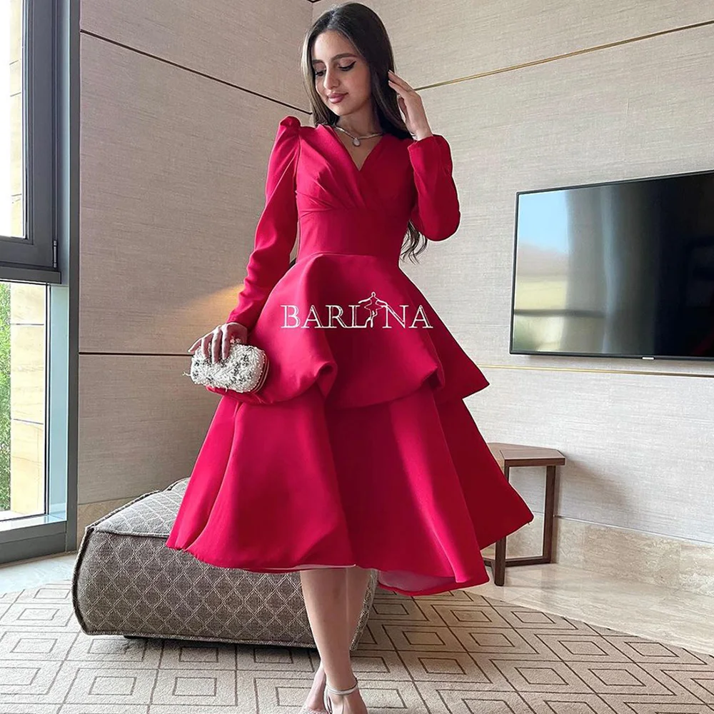 Vestido de fiesta de noche de línea A De satén rojo, manga larga, cuello en V, árabe, Dubai, Formal, largo hasta el té, vestidos de fiesta de noche