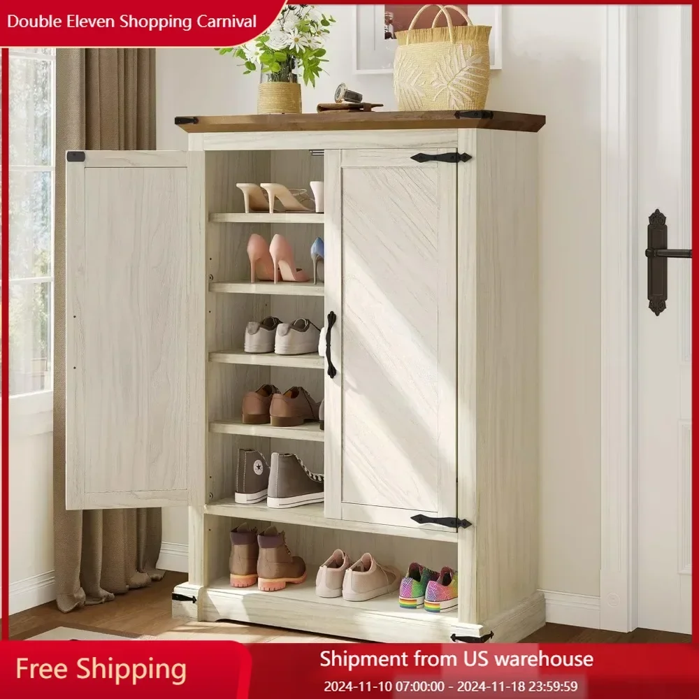 Farmhouse Shoe Cabinet with Doors, 6-Tier Shoe Rack Storage with Adjustable Shelves, Wooden Shoe Organizer for Entryway