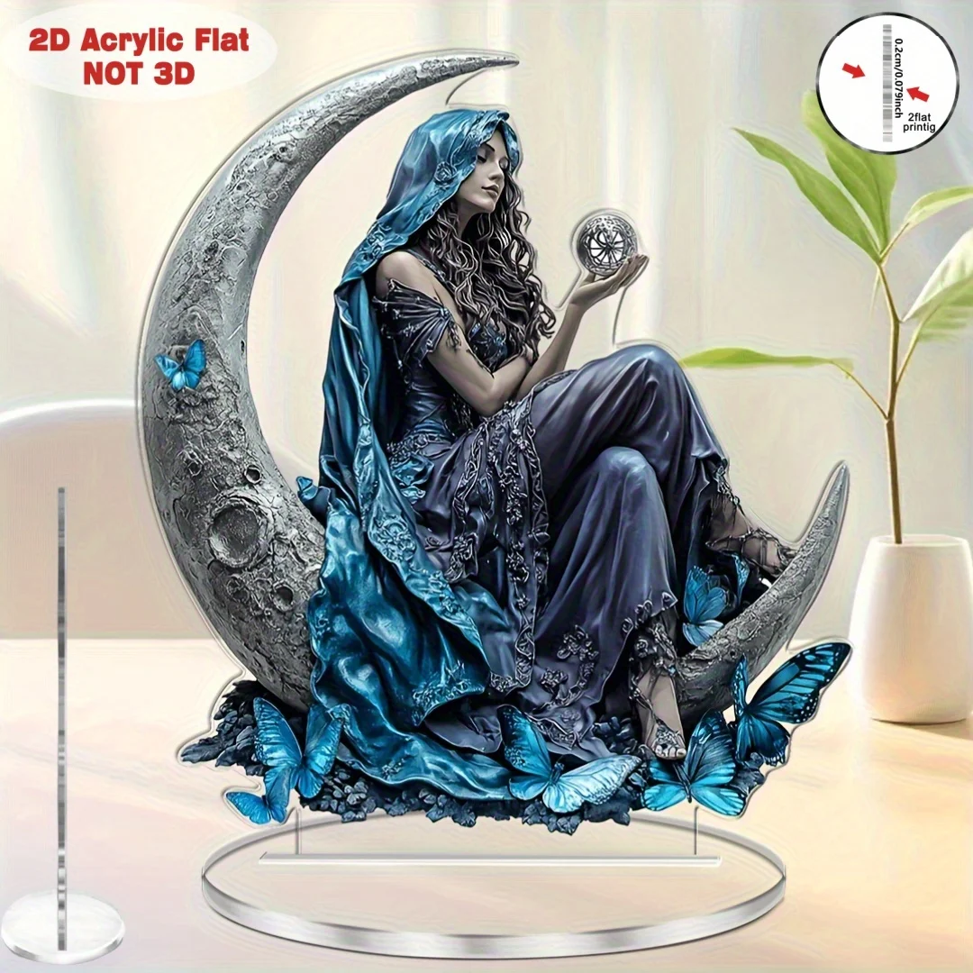 2D Flat Acrylic Stand, Mystical Witch Sitting On Moon With Blue Butterflies Figurine Ornament, Acrylic Tabletop Decor for Home D