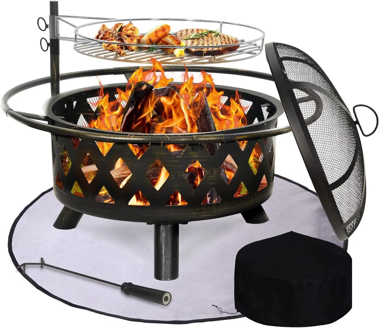

2 in 1 Firepit with Grill 30 Inch Outdoor Fire Pit with Mat & Spark Screen & Cooking Grate - Large Round Steel Fire pits for