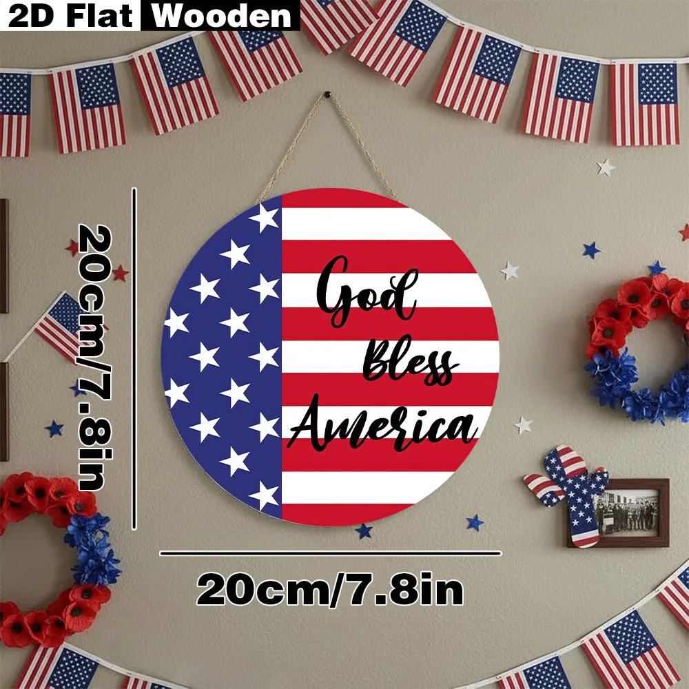 2D Circular Wood Plaque USA Banner Patriotic Motif Ornament Entryway Wall Art Household Holiday Arrangement Fourth of July Decor