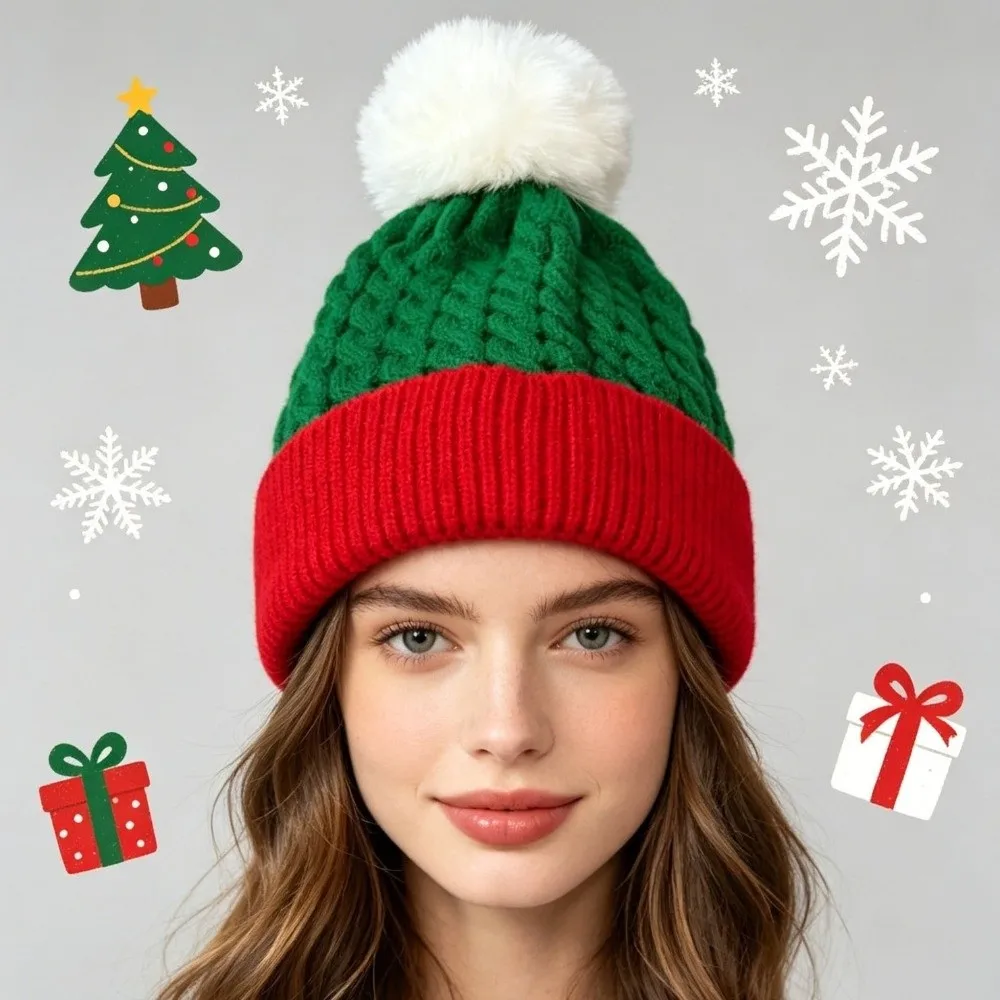 Leisure Merry Christmas Hat Christmas Knitted Hat Warm Green Red Santa Beanie Hat Crochet Korean Style Striped Hat Adult