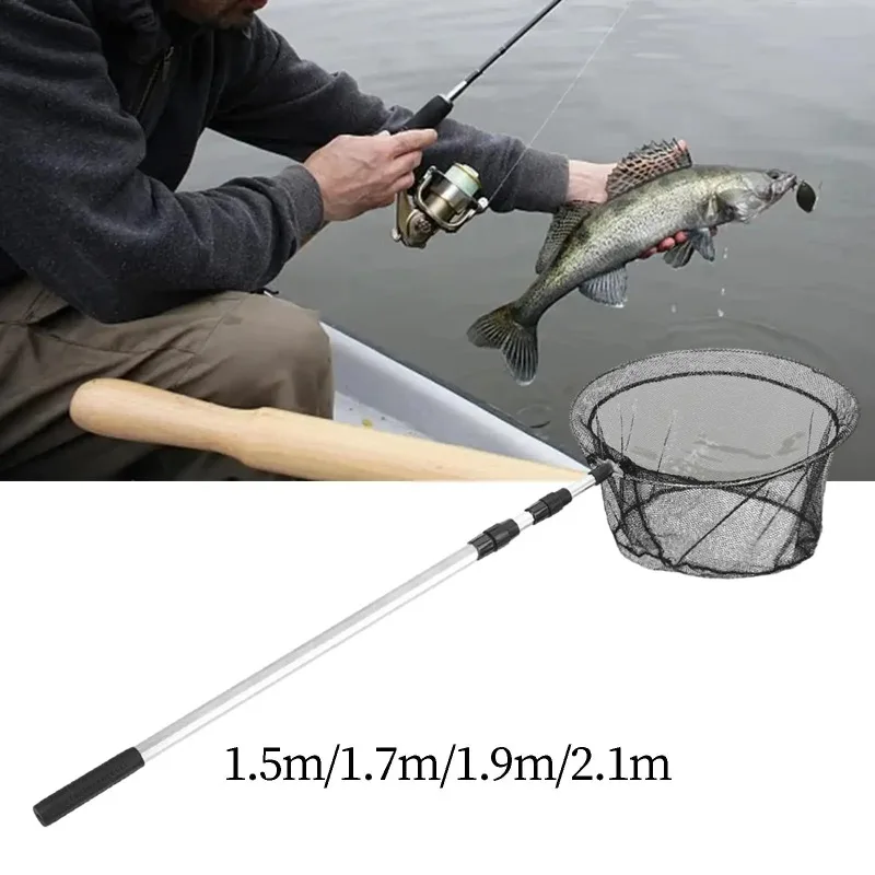 1.5m/1.7m/1.9m/2.1m Fishing Net Aluminum Alloy Telescopic Rubber Handle Extends To 150cm Folding Fishing Net Wire Mesh Pole 