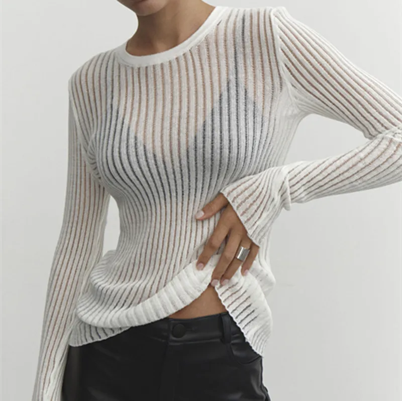 

Spring/summer New Long-sleeved Crewneck Thin Breathable Knitted Wool Top for Women