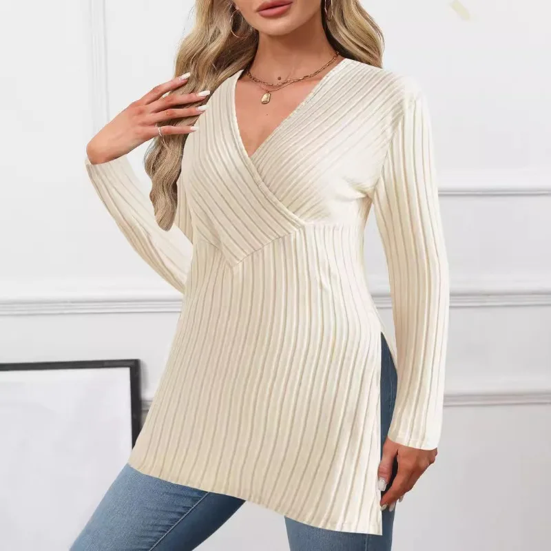 

Women's Autumn and Winter New Long-sleeved Solid Color Slit V-neck Casual Home Pit Strip Comfortable Top