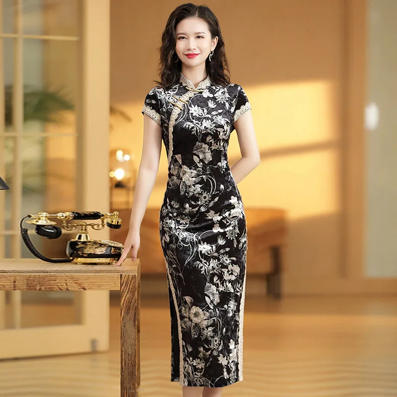 

Traditional Chinese Style Women Flower Autumn Winter Velvet Cheongsam Top Traditional Clothes for Girl Sexy Qipao Blouse Shirt