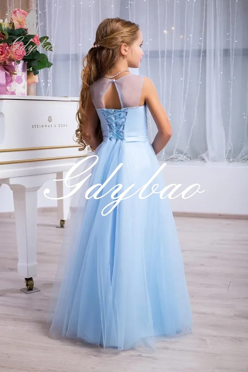 Robes à fleurs pour filles, en Tulle, bouffantes, dos nu, longueur aux genoux, robe de bal de princesse pour fête de mariage