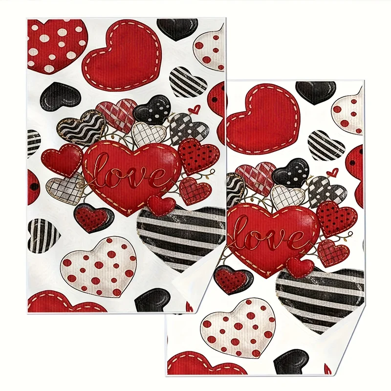 2-teilige Küchentücher mit Herzmuster in Rot, Weiß und Schwarz, 40 cm x 60 cm Handtuch-Set, super saugfähiges weiches Reinigungstuch, Koch- und Back-Geschirrtuch, Handtuch, Reinigungstuch, Küchendekoration, Wohnzimmerdekoration, Essentials, Home Essentials