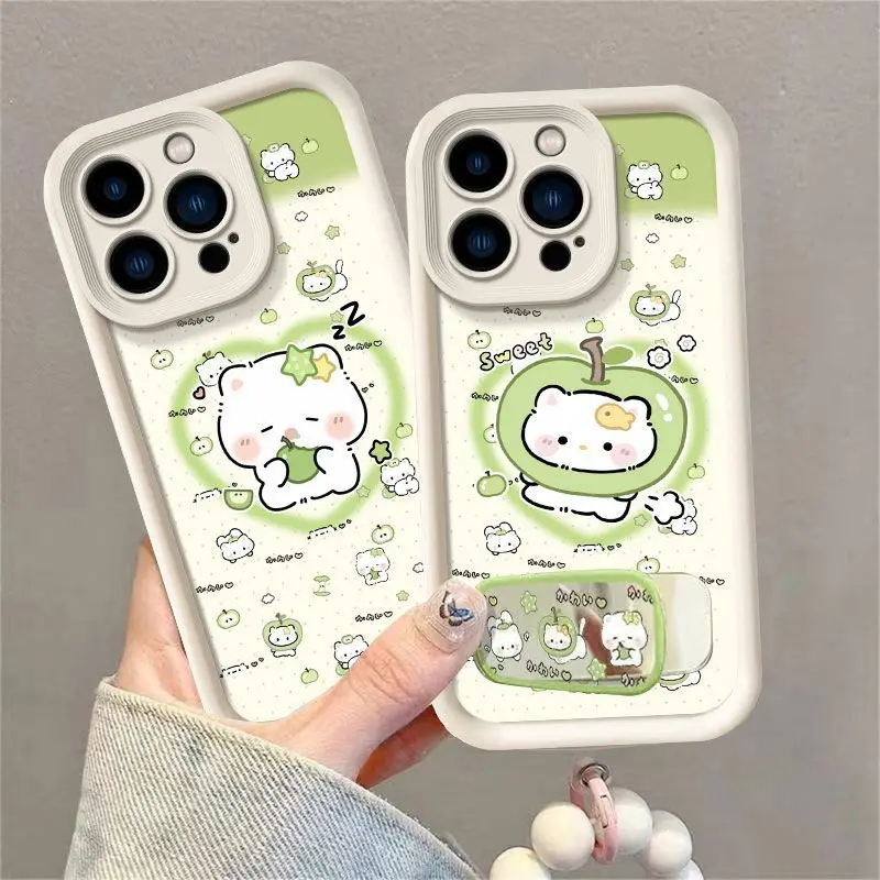 Cute Cartoon Cat Mirror Bracket Case For Samsung Galaxy S20 S21 S22 S23 S24 S25 S26 Plus Pro Ultra FE Bracelet Cover Shell