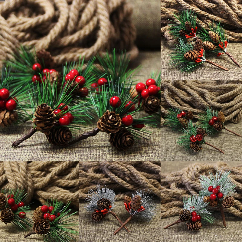 1Pc Artificial Red Berry Flower Pine Picks Holly Branches DIY Christmas Tree Floral Bouquets Garland Pine Cone Wreath Decor