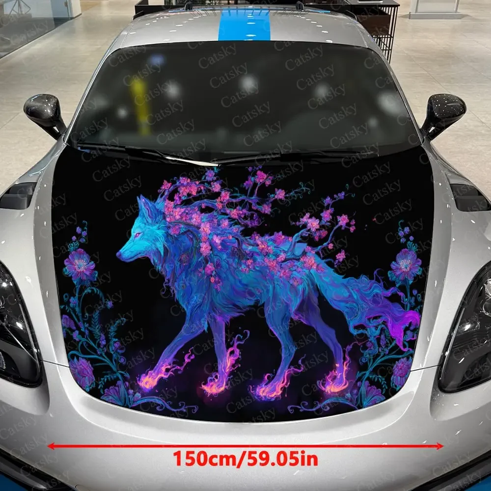 Neon Floral Wolf Roaming in Flame Realm Car Vinyl Wrap, PVC Material Waterproof Car Hood Sticker, Self-Adhesive Scratch-Resistan