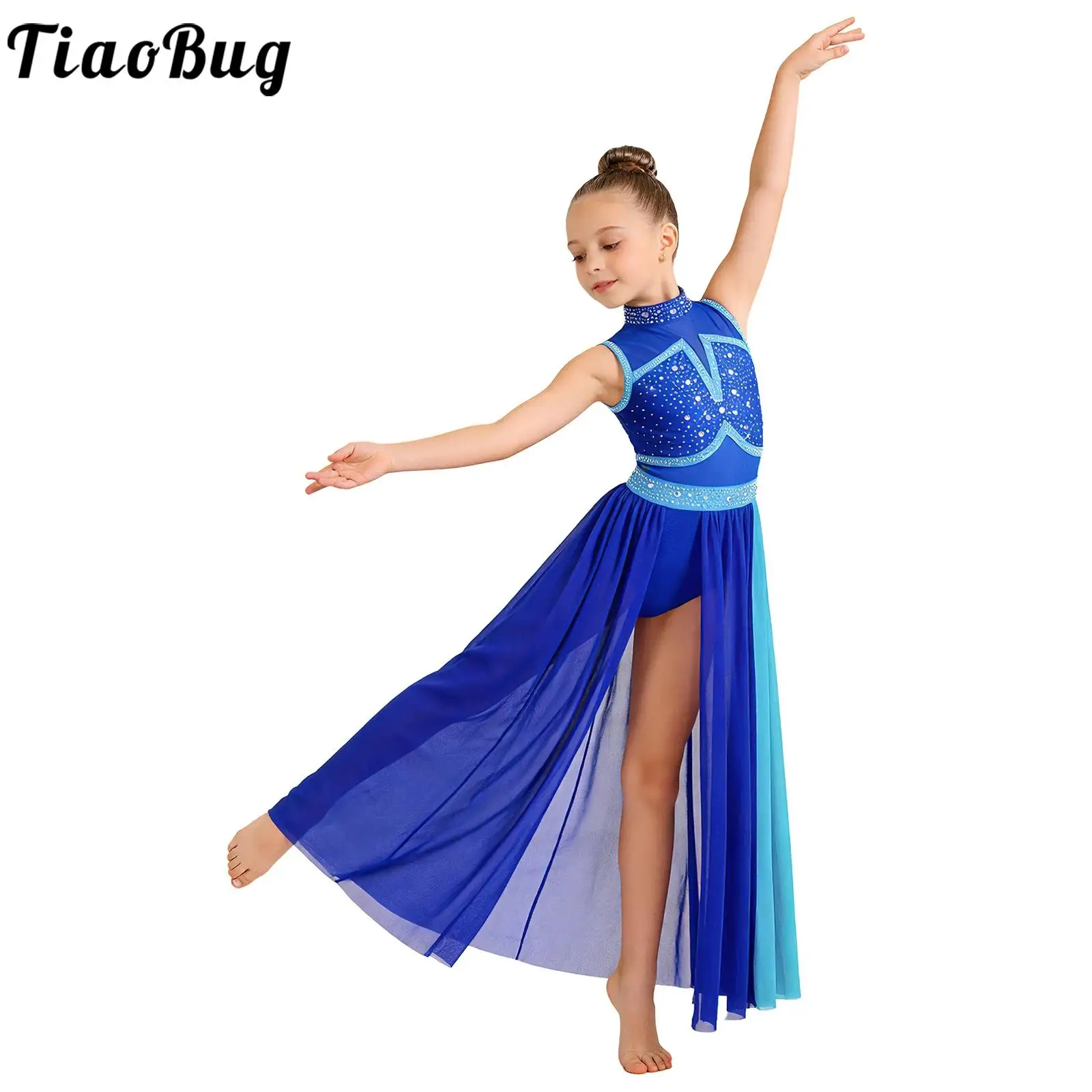 

Kids Girls Ballet Modern Lyrical Dance Dress Sleeveless Rhinestones Split Mesh Leotards Dress Performance Competition Costumes