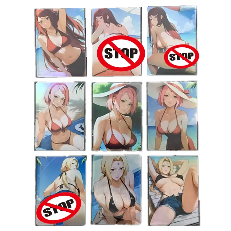 9Pcs/set Anime Naruto Mizukage Haruno Sakura Tsunade Beach Swimsuit Sexy Nude Card Female Cosplay Toy Gift Game Collection Card