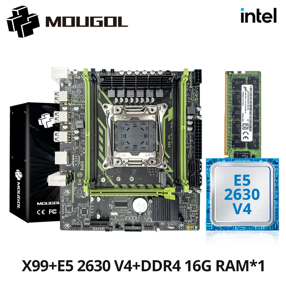 MOUGOL X99 Motherboard Set Kit With LGA2011-3 Xeon E5 2630 V4 CPU DDR4 16GBx1 2133MHz RAM NVME M.2 SATA Computer Accessories