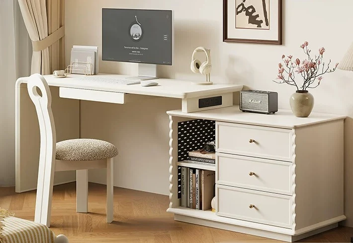 

PYJ French Cream Wind Solid Wood Desktop Computer Desk Bucket Cabinet Small Unit Corner Desk Combination