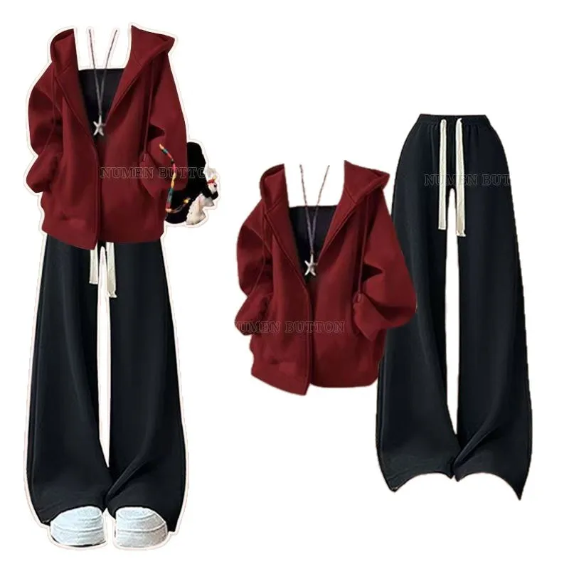 Western Style Women's Spring Autumn Korean Version Red Jacket Vest Slimming Casual Pants Three Piece Set