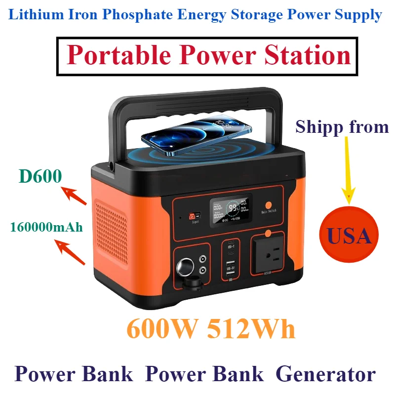 Fuente de alimentación de fosfato de hierro y litio, estación de energía portátil de 600W, 512Wh, generador de Banco de energía