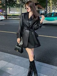 New Women's Leather Jacket with A Stylish Lapel and Long Waistband Featuring Street Style High-end Luxury and Loose Fitting