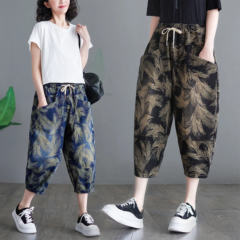 

Новые летние джинсы с принтом, синие джинсовые брюки с эластичной резинкой на талии, тонкая высокая талия, женские свободные брюки семи четвертей