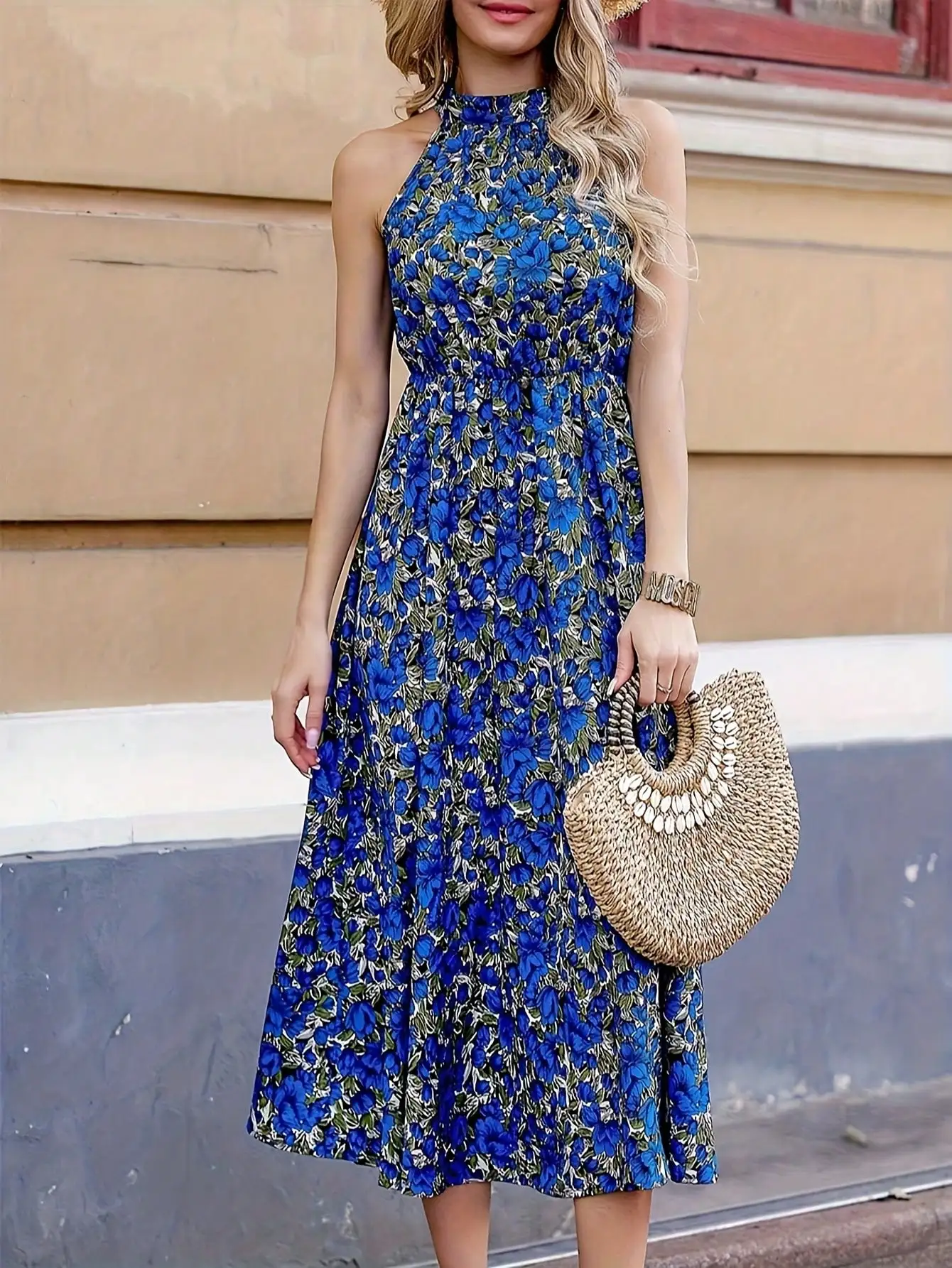 2026 summer casual elegant sleeveless dress, floral print round neck fashionable vacation style, casual shopping