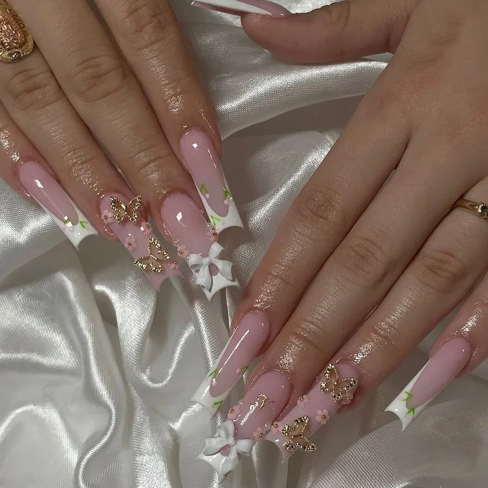 10Pcs Handmade French Nude Pink XL Square Almond Press On Nails Art Portable Gel Shell Glitter Pearl Reuse Fake Nails Sticker