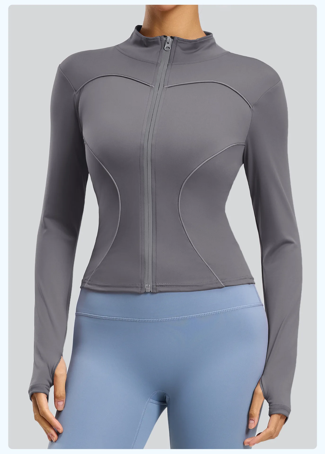 Women Reflective Zip Up Cropped Yoga Jacket Peach Touch Stand Collar Thumb Hole Slim Fit Long Sleeve Gym Athletic Workout Top