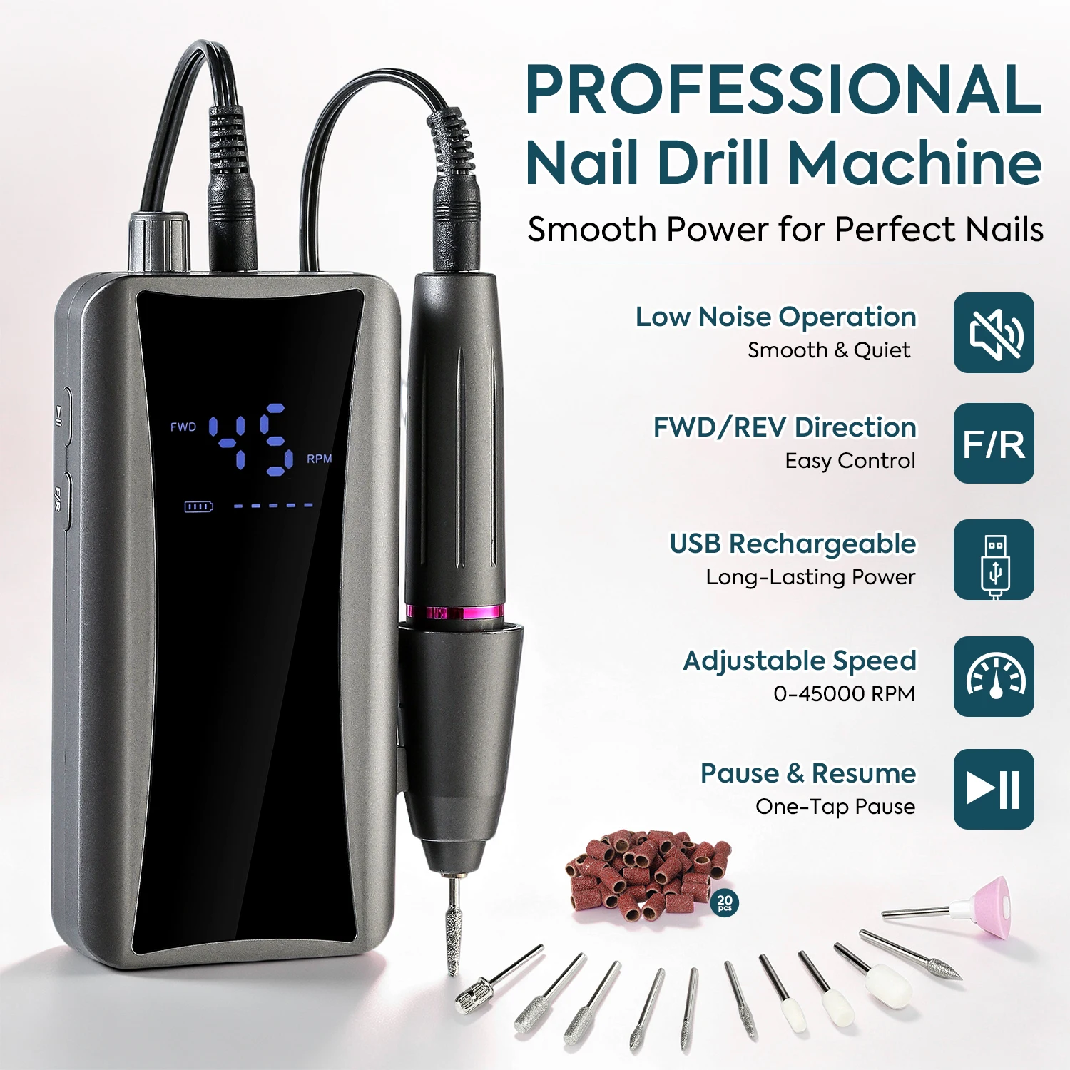 Professional 45000RPM Nail Drill Rechargeable Electric Nail File LCD Display Forward Reverse for Manicure Salon