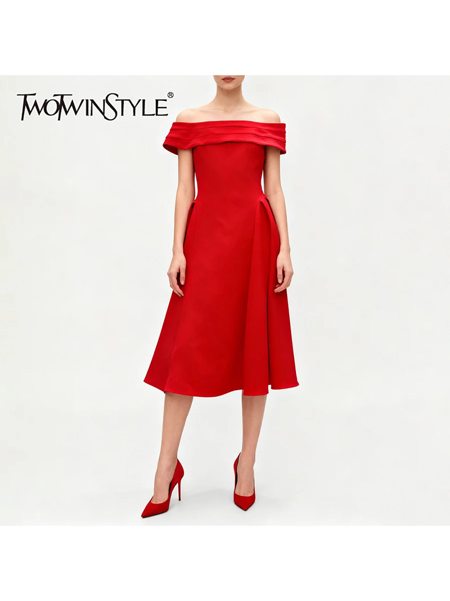 

TWOTWINSTYLE Solid Slimming Spliced Shirring Elegant Dresses for Women Slash Neck Off Shoulder Tunic Minimalist Dress Female New