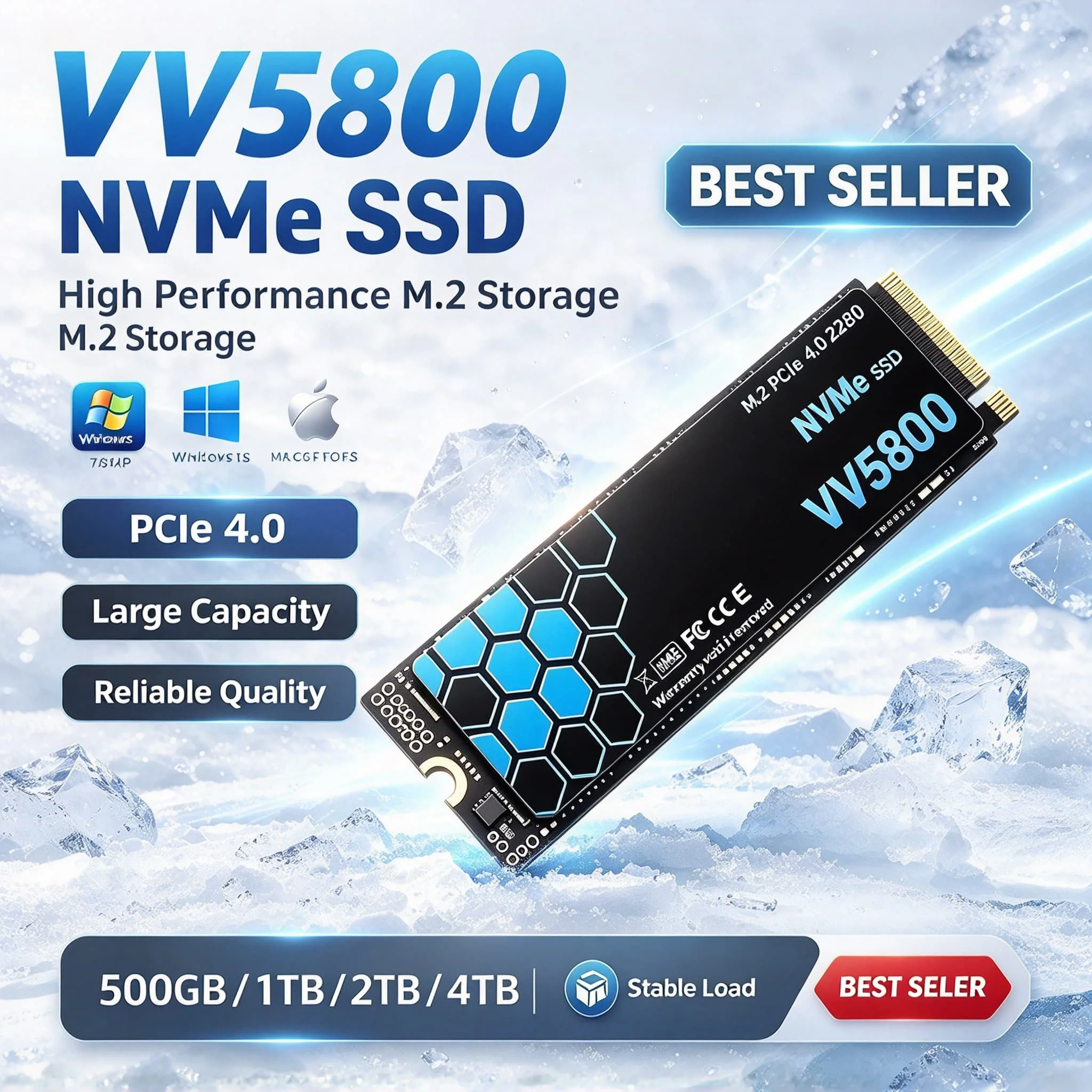 VV5800 M.2 NVMe Embedded Solid State Drive, 1TB/2TB/4TB/500GB, Stable Performance, Gaming Work PC Laptop Notebook, Ultra Max 5GX