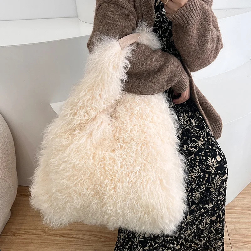 Fashion Luxury Autumn Winter New Mongolian Fur Handbag Real Fur Bag Wool Shoulder Underarm Bag Large Capacity Fur Casual Totes