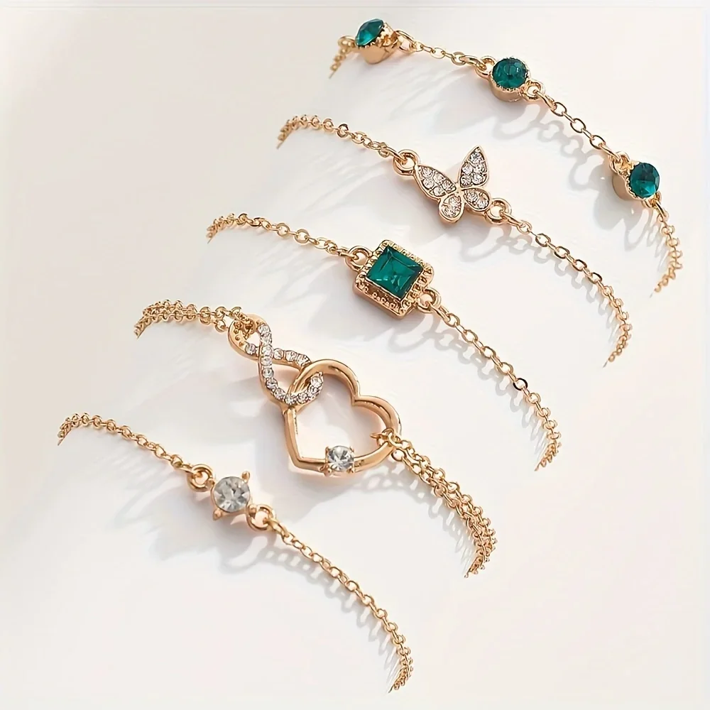 5Pcs Exquisite Rhinestone Butterfly Bracelet Fashion Multilayer Metal Chain Green Crystal Stone Bracelet Women's Wedding Jewelry